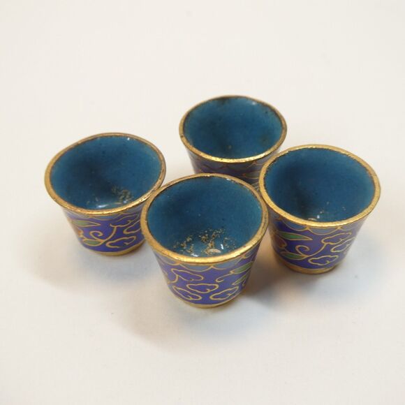Miniature Cloisonne Brass Enamel Floral Teaset Teapot Tea Cups Vintage - Picture 7 of 13